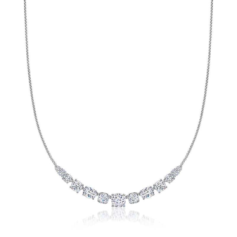 Rhodium-plated CZ tennis necklace with round stones in a curved row