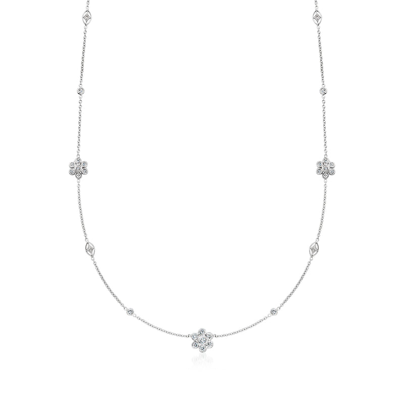 14kt white gold diamond flower station necklace with bezel-set round stones