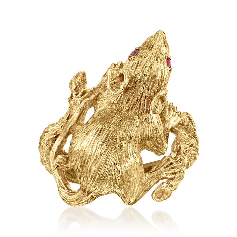 18kt yellow gold mouse ring with red ruby eyes, sculpted openwork design