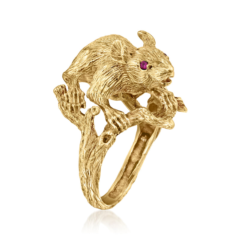 Yellow gold mouse ring with ruby eyes, curled tail and looped band detail