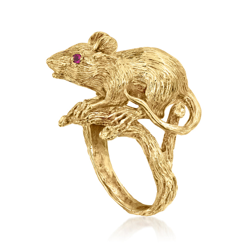 Gold mouse ring with ruby eyes, textured sculpted body on open shank