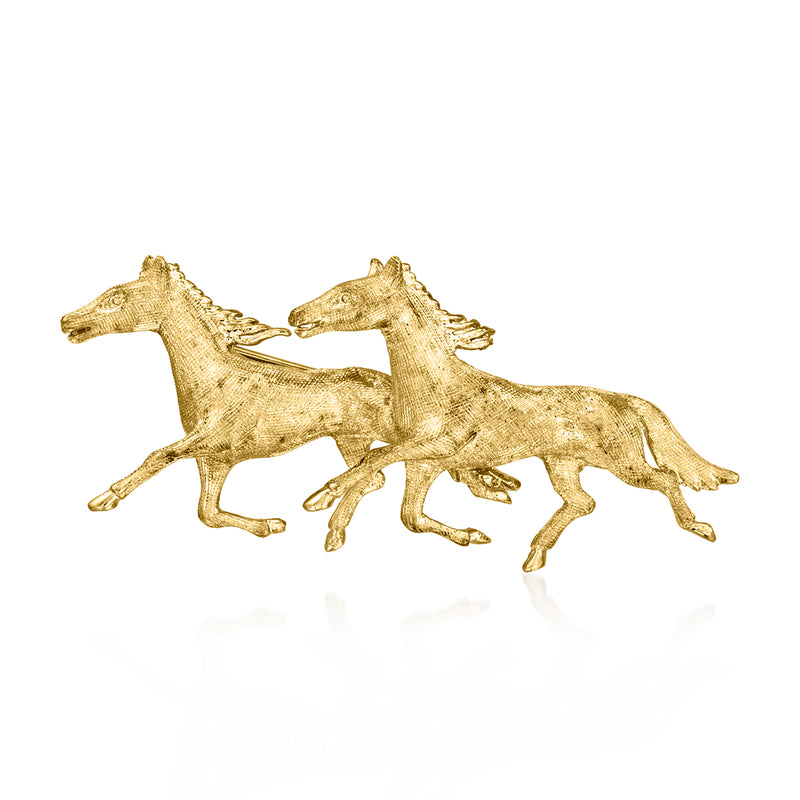 14kt yellow gold horses pin, two rearing horses with detailed textured finish