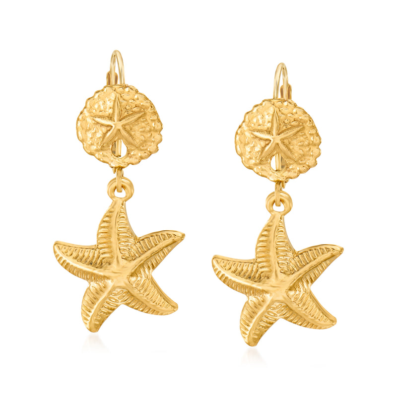 14kt yellow gold drop earrings with sand dollar and starfish charms, leverback closure