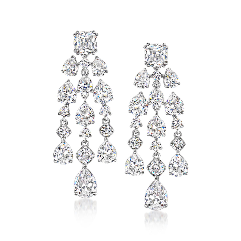 Rhodium-plated chandelier drop earrings with pear and round CZ stones, silver-tone