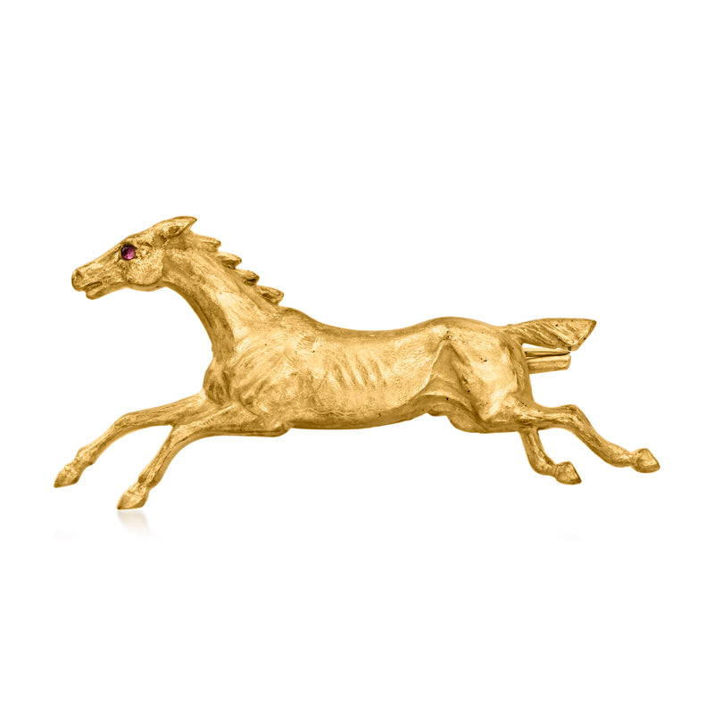 Vintage yellow gold horse pin with single red ruby detail