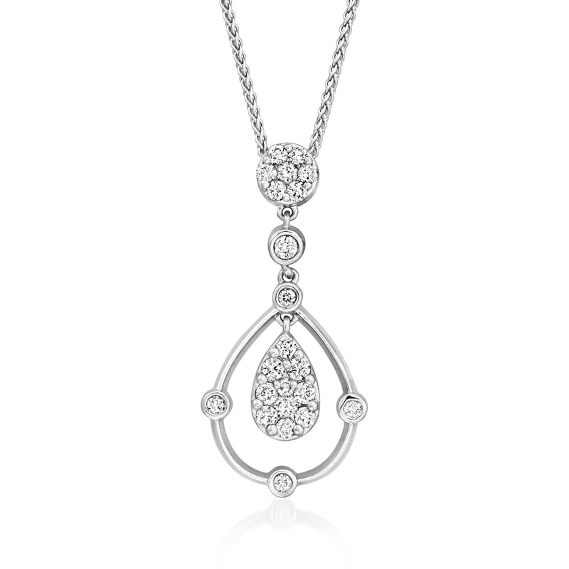 Diamond teardrop pendant necklace in 14kt white gold, round bezel-set stones