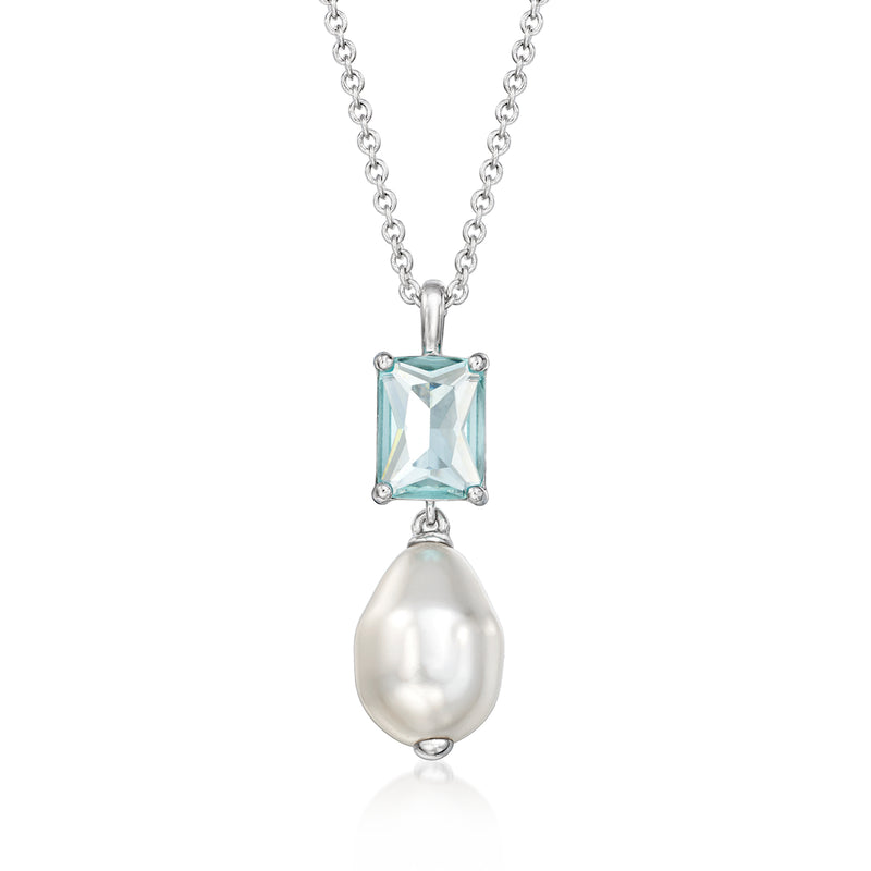 Rhodium-plated necklace with blue square gemstone and teardrop pearl pendant