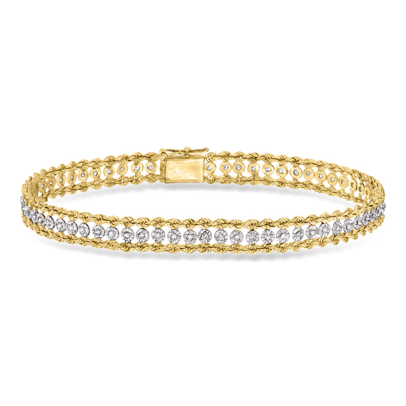 Two-tone gold roped-edge diamond bracelet with oval row, box clasp