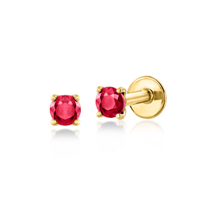 14kt yellow gold ruby stud earrings with round red stones and flat backs