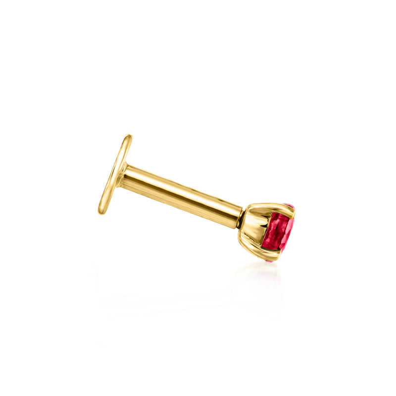 14kt yellow gold ruby stud earring with round red stone and straight post