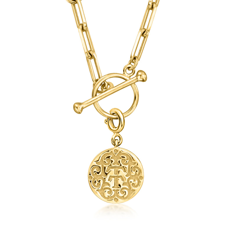 Gold paperclip link toggle necklace with round T logo medallion charm