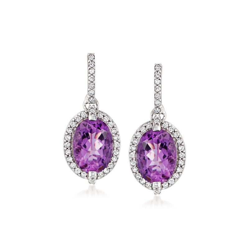 Amethyst and diamond drop earrings, oval purple stones with oval halo and dangling posts