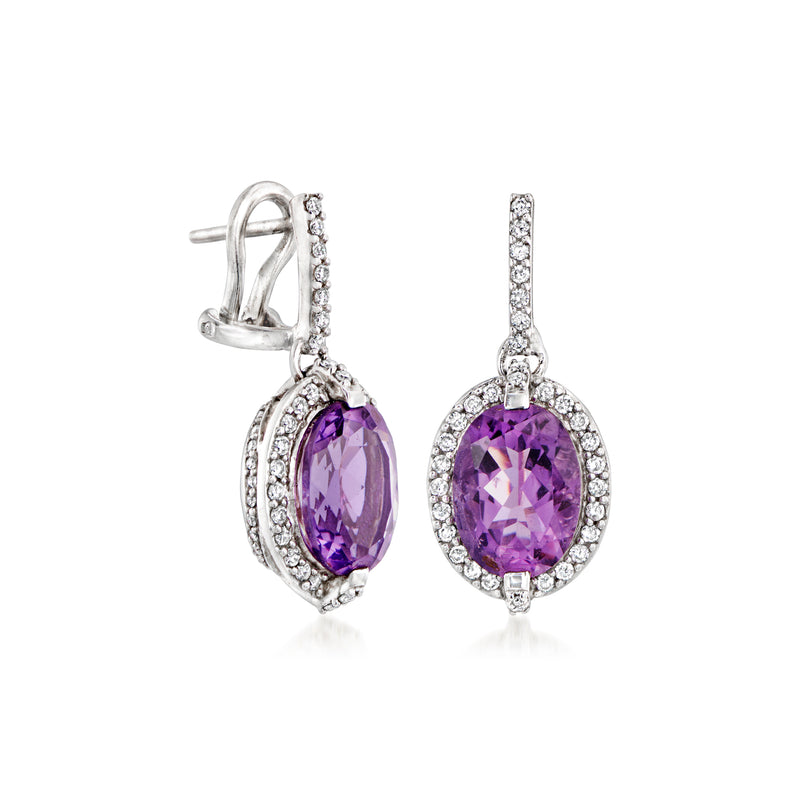 Amethyst and diamond drop earrings, oval purple stones with diamond halo, white gold