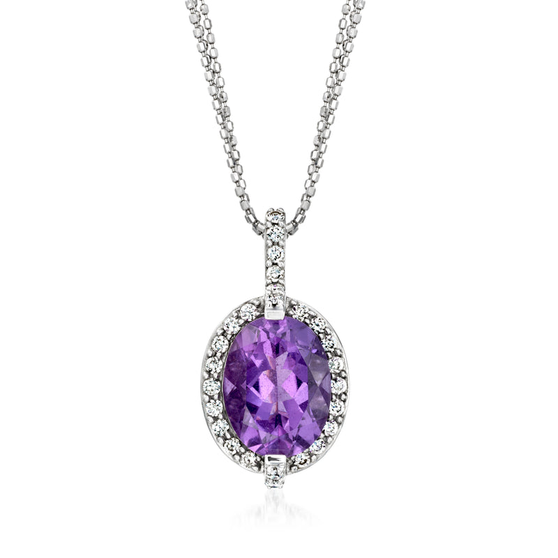 Amethyst pendant necklace with oval purple gemstone, diamond halo, and white gold chain