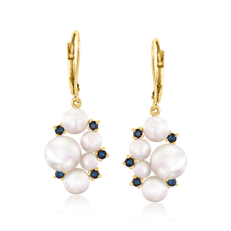 Cultured pearl cluster drop earrings with navy sapphire accents, leverback hooks