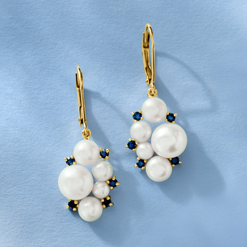 Cultured pearl cluster drop earrings with sapphire accents and gold leverback back