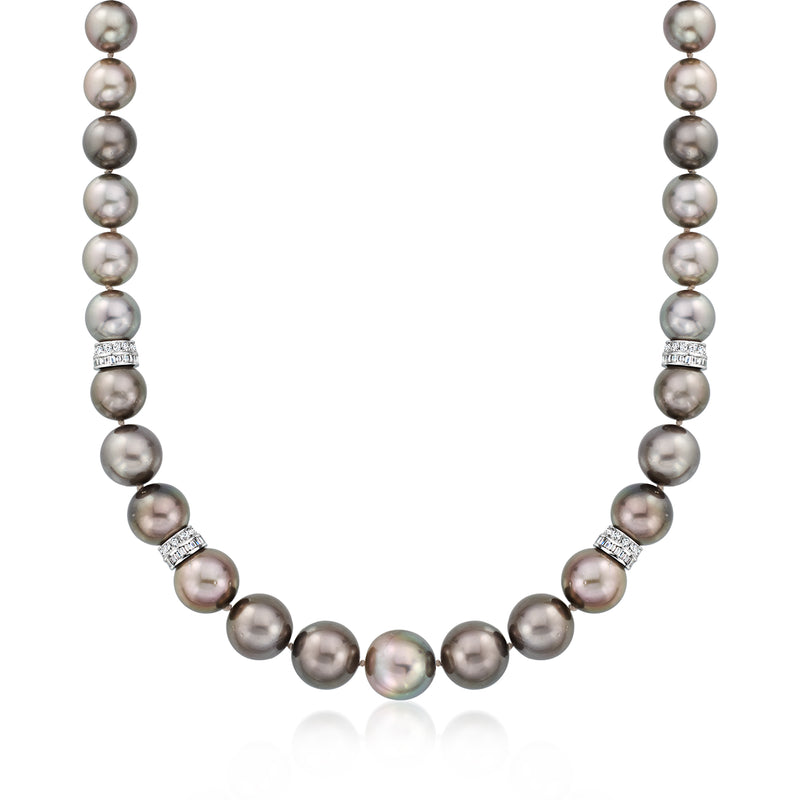 Vintage cultured black pearl necklace with diamond spacers in platinum