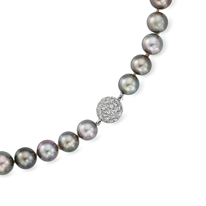 Cultured pearl necklace with dark gray round beads and large round diamond cluster centerpiece
