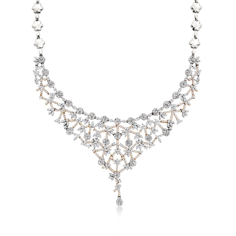 Diamond floral bib necklace with clustered stones and two-tone gold frame