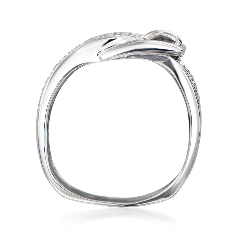 Back view of white gold diamond buckle ring with smooth open band