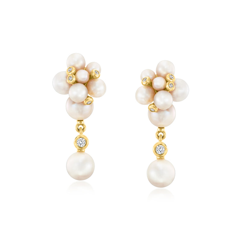 Cultured pearl and lab-grown diamond drop earrings, gold-tone, cluster with dangling pearl