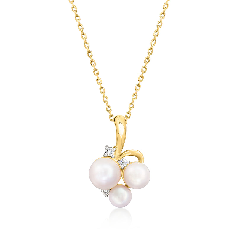 Gold pendant necklace with three cultured pearls and diamond accents