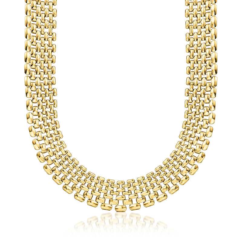 Gold-plated rectangular-link chain necklace with a wide, flat profile