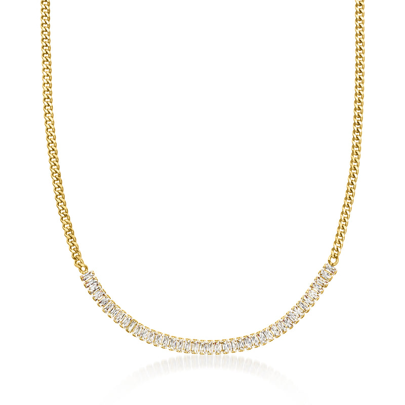 Curb-link CZ tennis necklace, yellow gold-plated finish with round clear stones