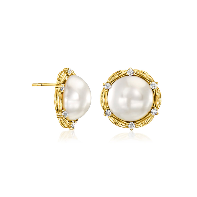 Gold-plated hoop post earrings with white simulated pearl and clear CZ accents