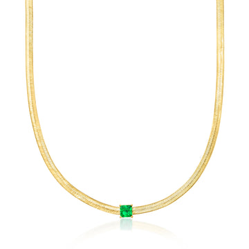 14kt Yellow Gold-Plated Herringbone Necklace with Simulated Green Gemstone. 18"