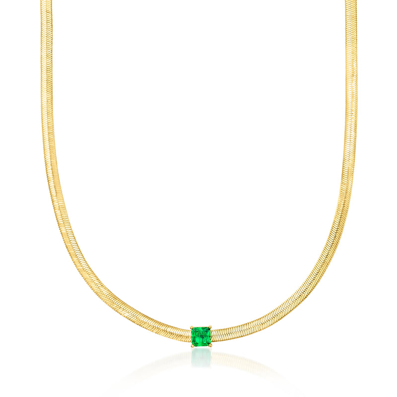Gold-plated herringbone necklace with green simulated gemstone pendant