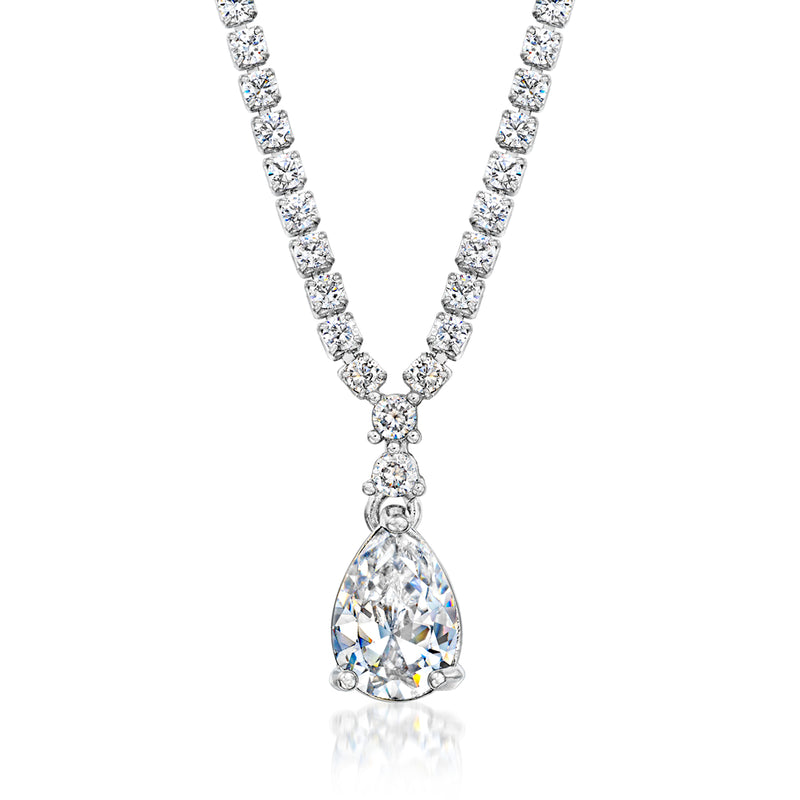 Silver-tone tennis necklace with CZ pave links and teardrop pendant
