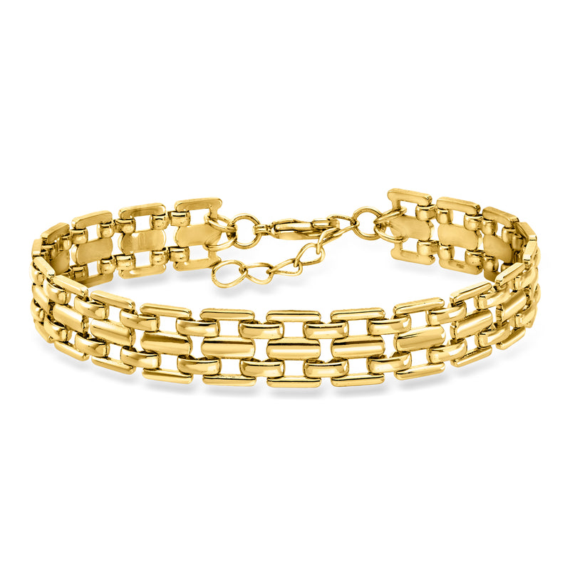 Yellow gold-plated chain bracelet with flat panther-style links and clasp detail