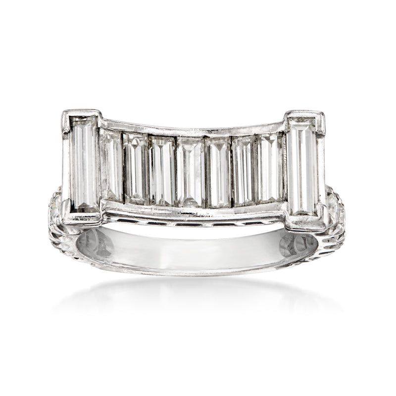 Platinum diamond ring with emerald-cut center stone and baguette accents