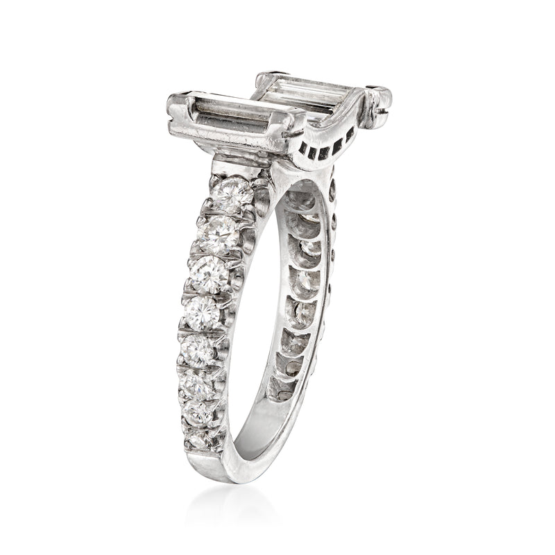 Side view of platinum diamond ring with prong-set baguette and round diamonds