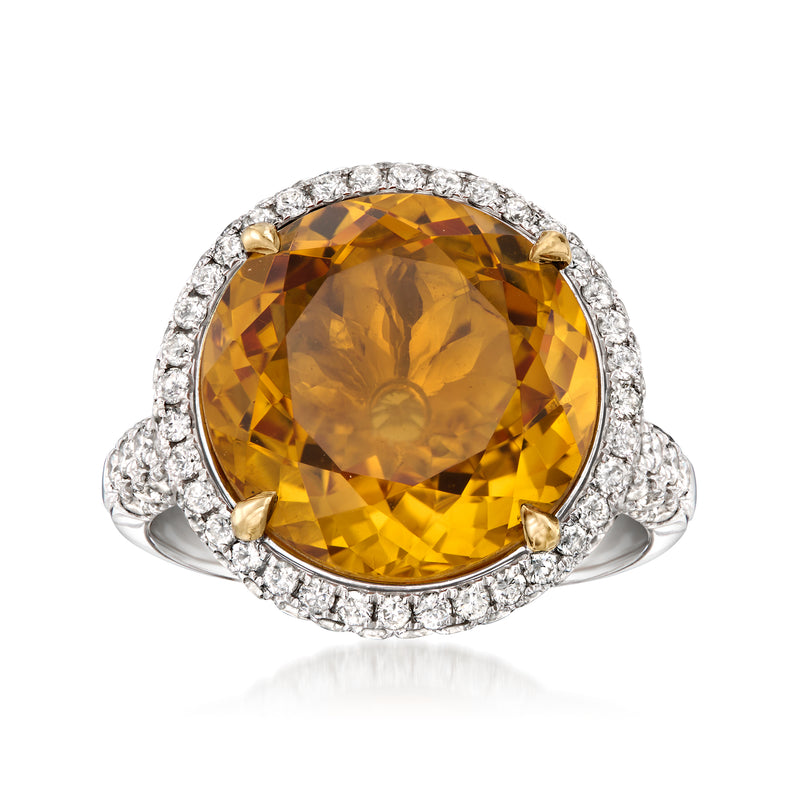 Vintage citrine gemstone ring with diamond halo in white gold, oval center