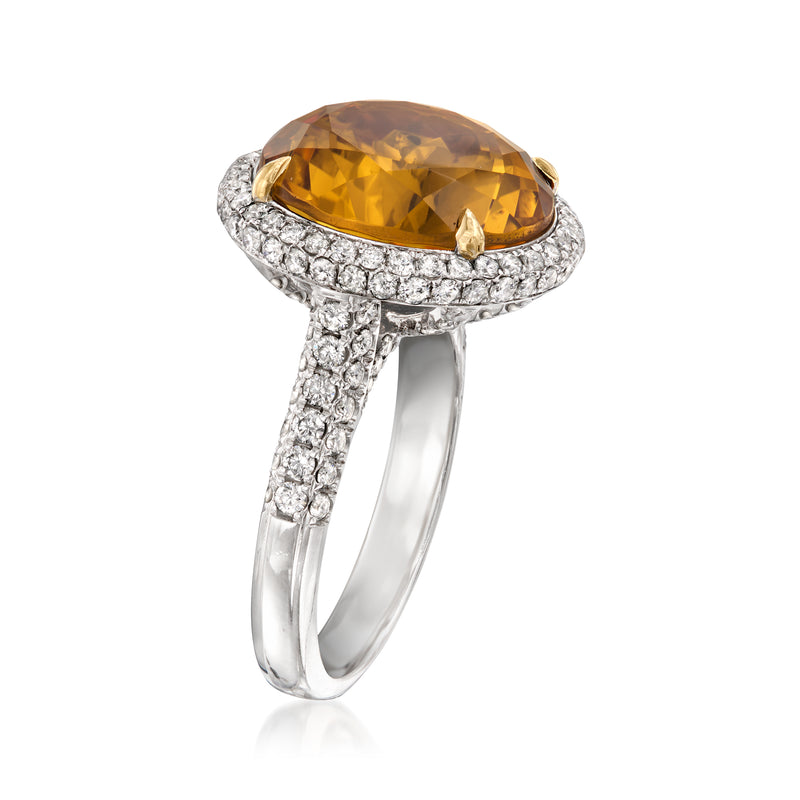 Vintage citrine ring with diamond halo and split shank in white gold