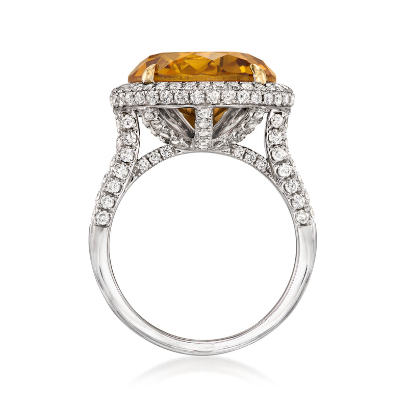 Citrine center ring with openwork diamond setting and split shoulders, white gold