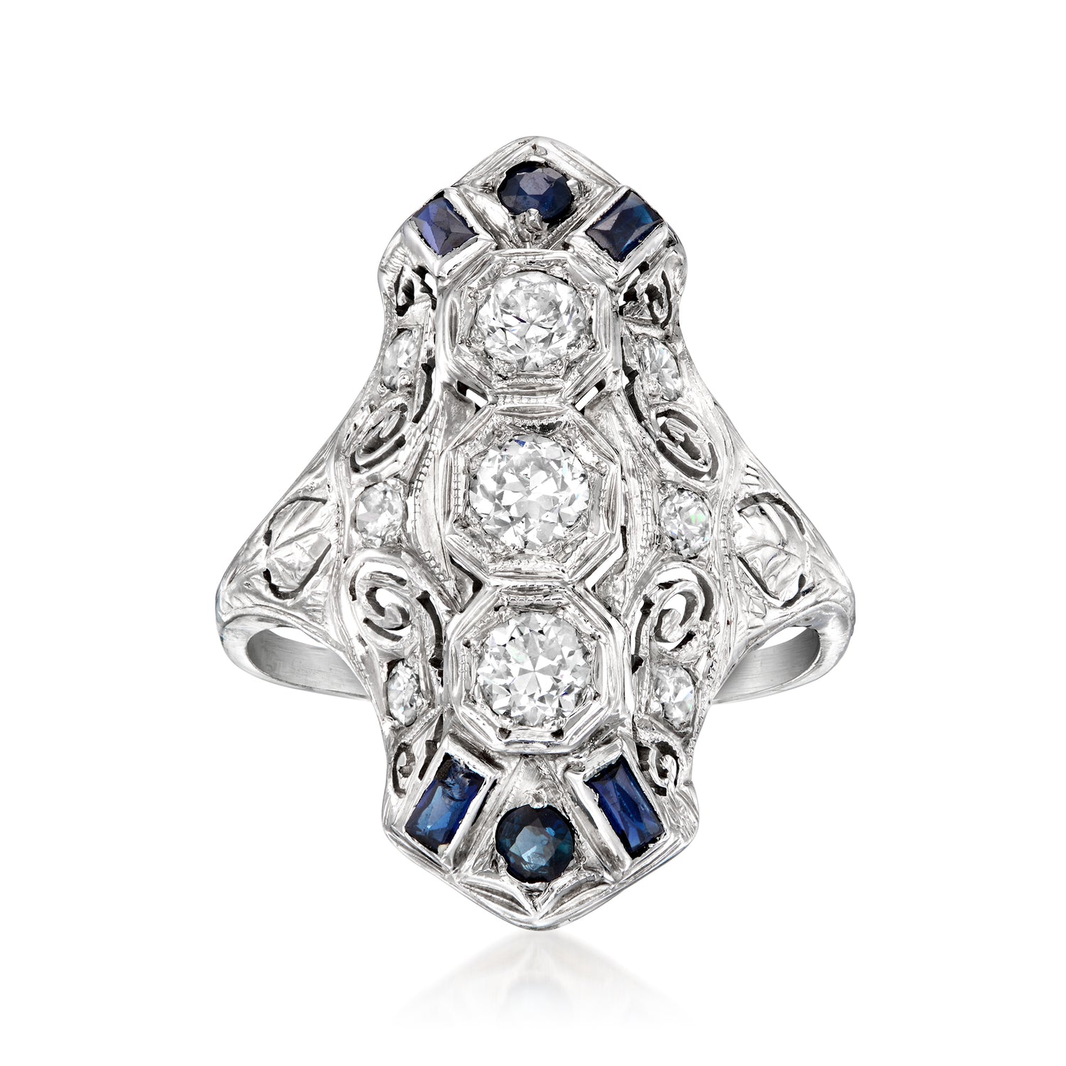 C. 1930 Vintage 1.05 ct. t.w. Diamond and .30 ct. t.w. Synthetic Sapphire Ring with .16 ct. t.w. Sapphires in 18kt White Gold