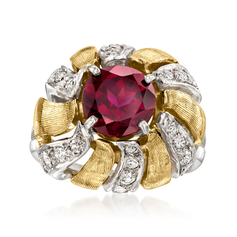 Vintage rhodolite garnet oval ring with diamond accents in gold and platinum setting