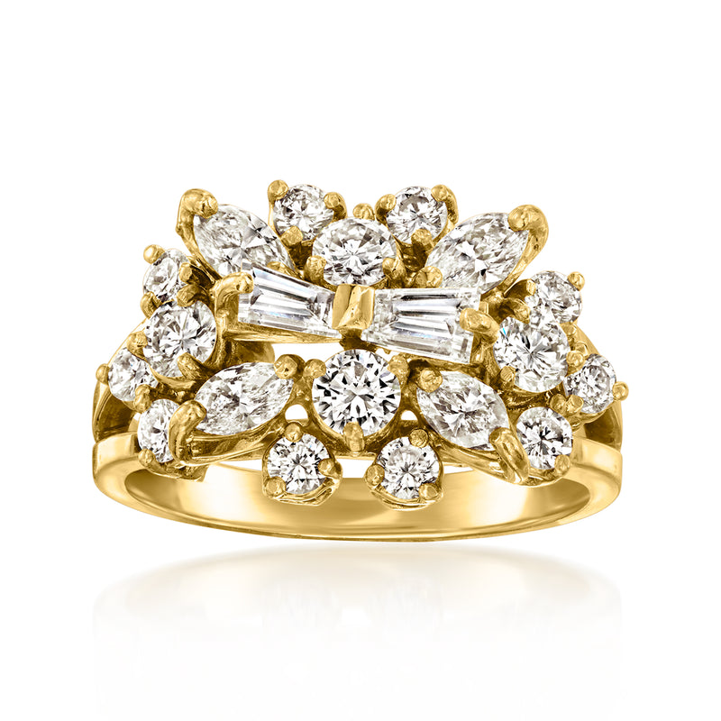 Yellow gold vintage diamond cluster ring with round and baguette-style stones