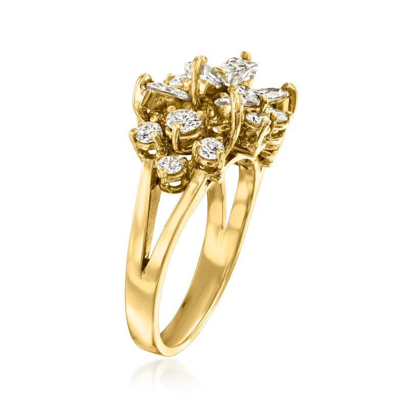 Yellow gold diamond cluster ring side view with baguette and round stones