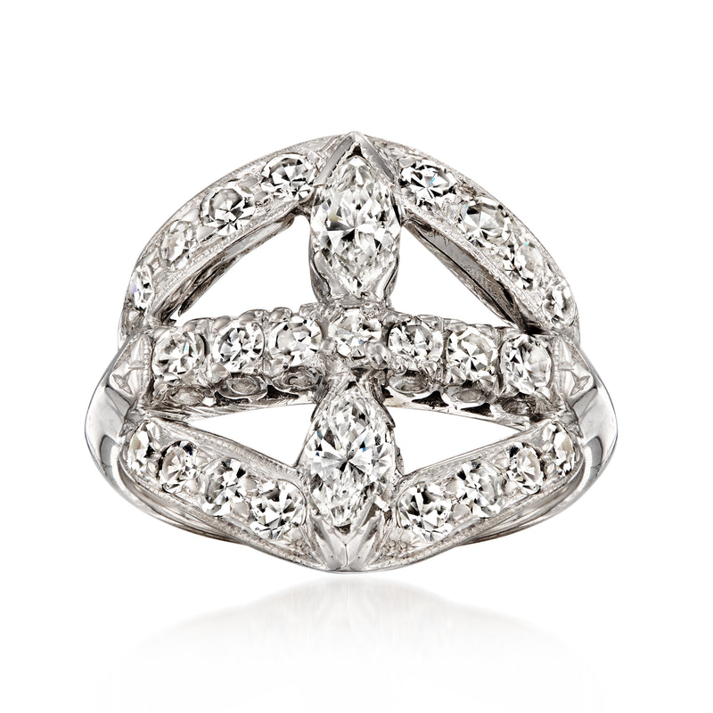 White gold diamond ring with pear-shaped center stone and openwork vintage setting
