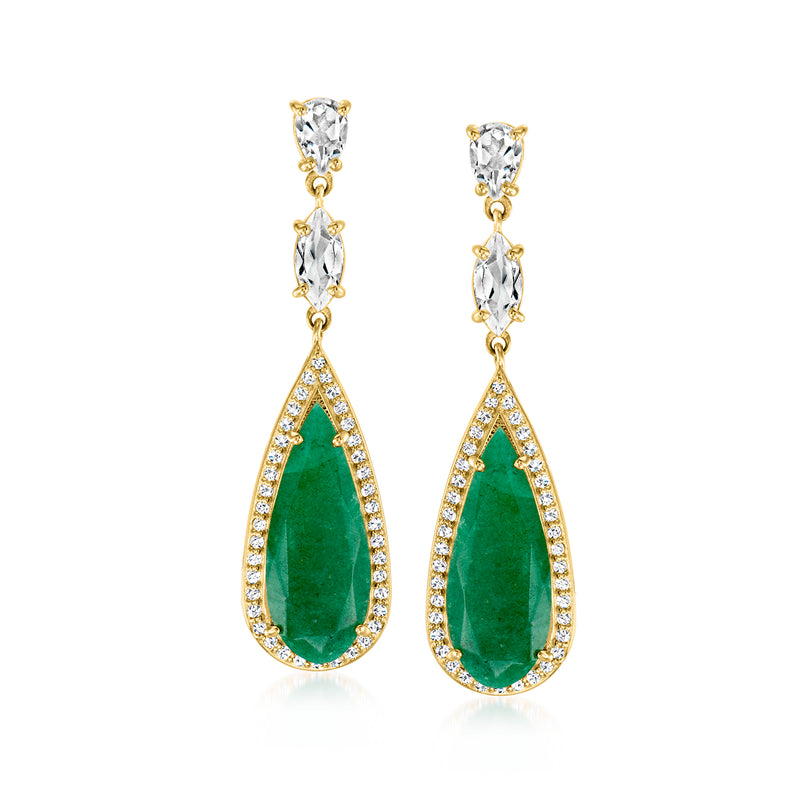 Gold drop earrings with emerald-green teardrop stones and clear diamond-like accents