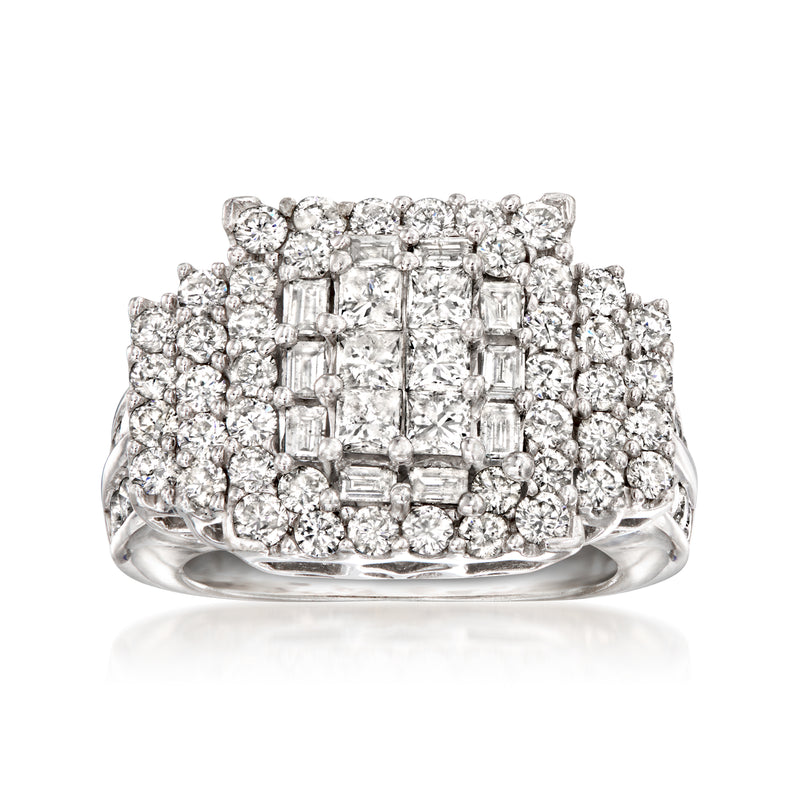Vintage diamond cluster ring in white gold, square and baguette-cut stones