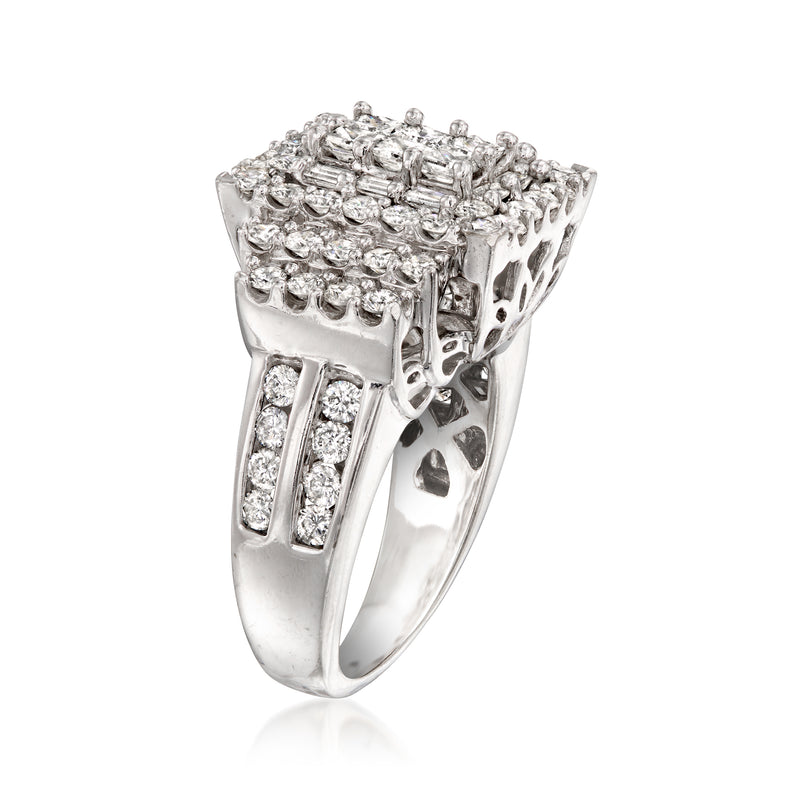 Vintage diamond cluster ring in white gold with open side prongs and pave shoulders