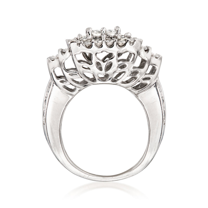 Back view of vintage white gold diamond cluster ring with openwork gallery