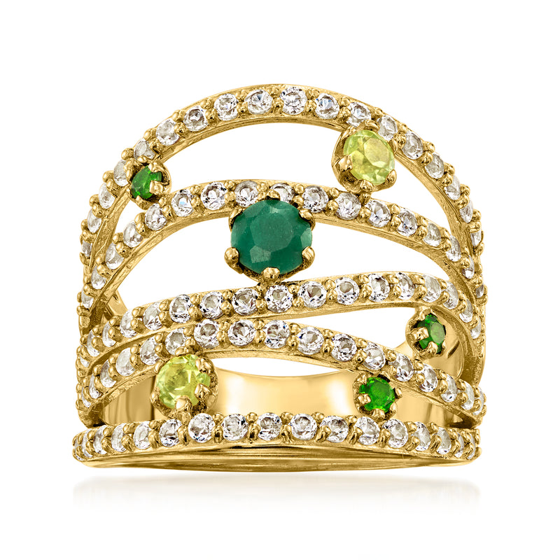 Gold over sterling multi-row ring with emerald-green and clear crystal accents