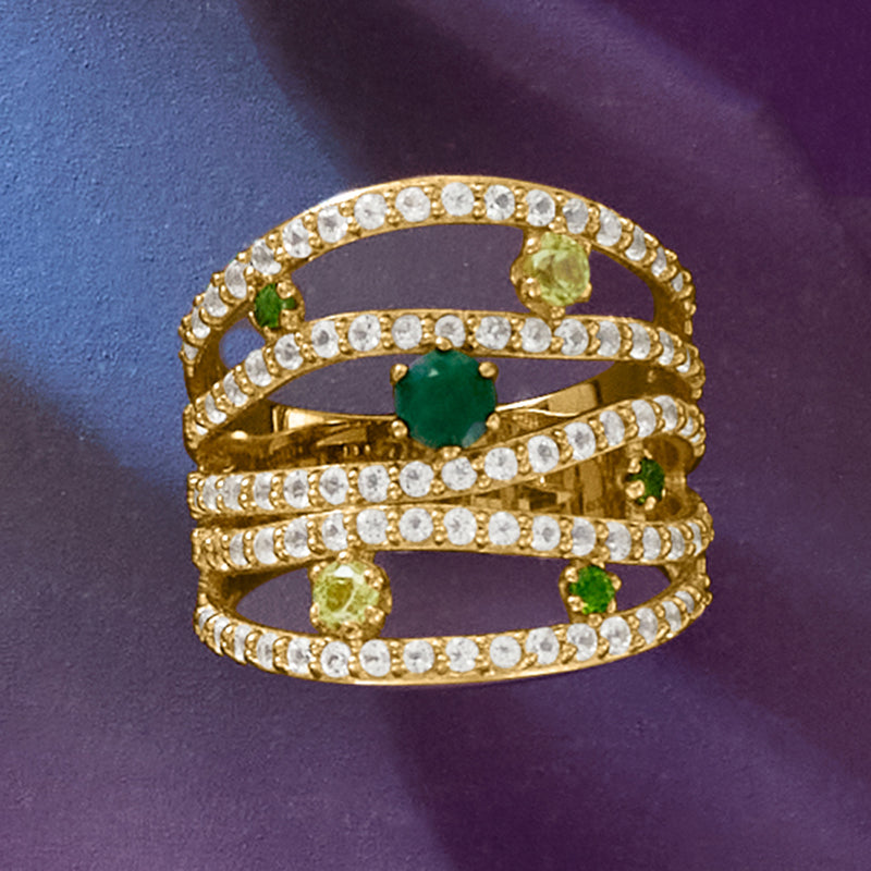 Multi-gemstone gold over sterling highway ring with green center stone
