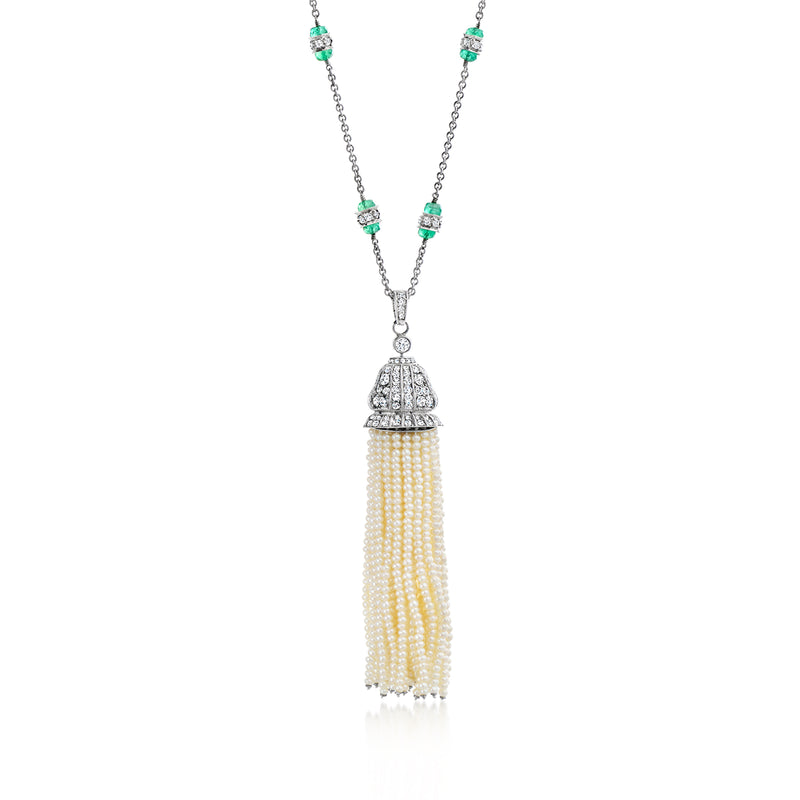 Vintage diamond & seed pearl tassel pendant necklace with emerald accents, white gold
